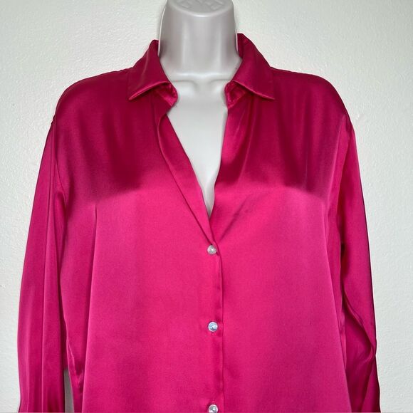 Zara Hot Pink Satin V Neck Long Sleeve Button Front French Cuff Shirt Women XS - Picture 5 of 15